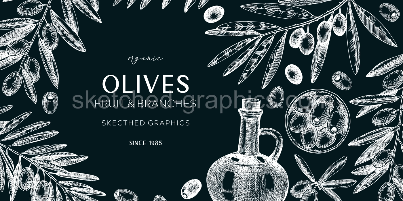 Olive oil banner design. Olives, tree branches, oil bottle sketches on chalkboard. Mediterranean food background. Hand-drawn vector illustration. NOT AI generated. Illustration